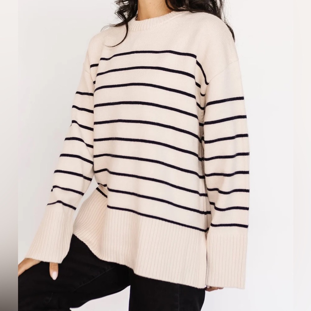 Baltic Born Cream Striped Crewneck Sweater with Black Stripes
